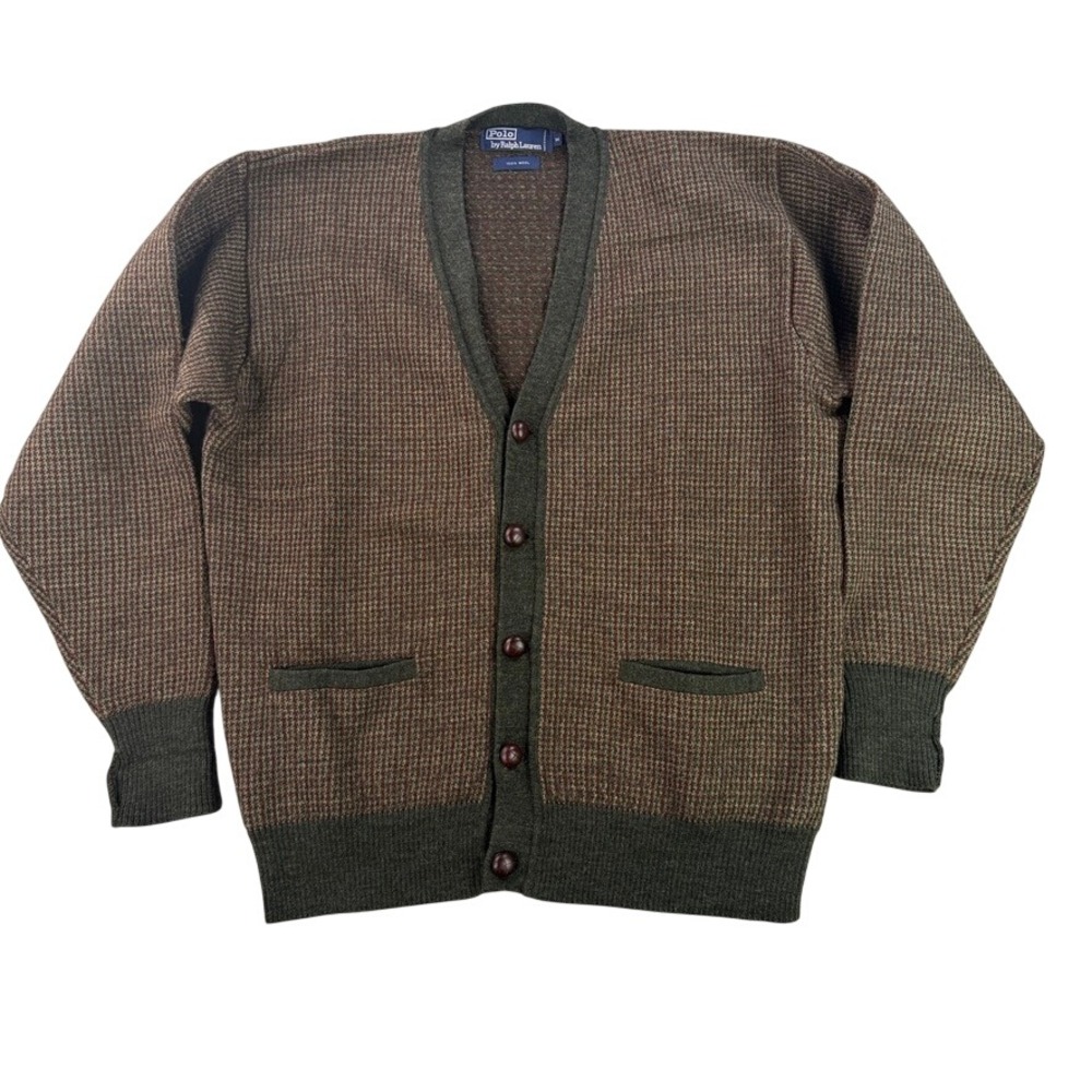 Vintage Polo Ralph Lauren Cardigan Mens Med Wool Houndstooth Brown Grandpacore